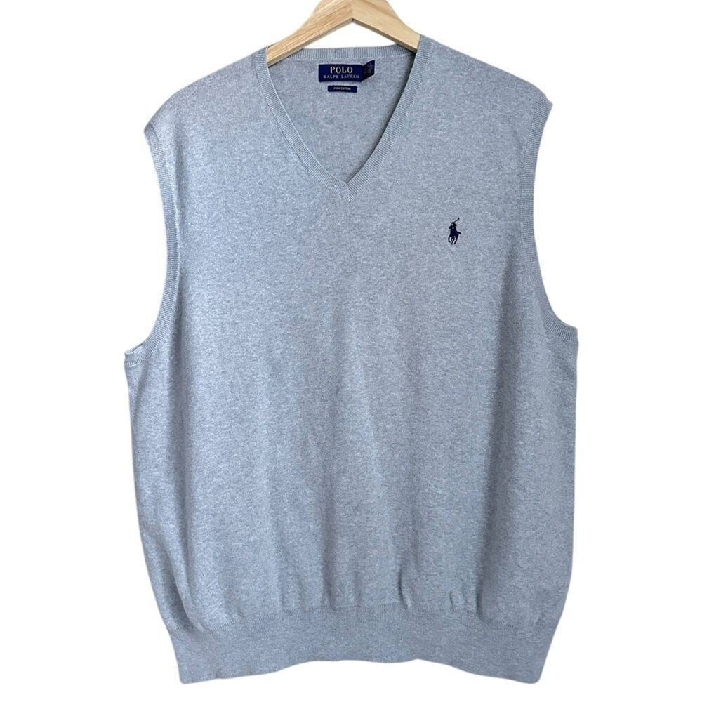 Polo Ralph Lauren Men’s XXL V-Neck Sweater Vest Gray 100% Pima Cotton Preppy